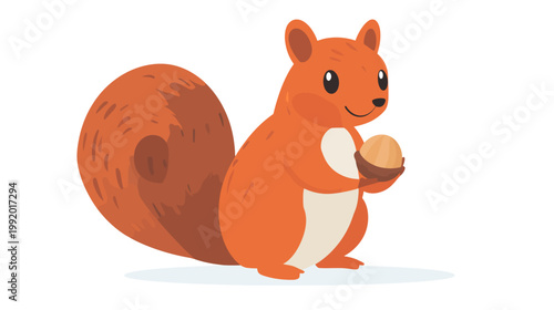 A cartoon illustration of a cute squirrel holding a nut with a white background