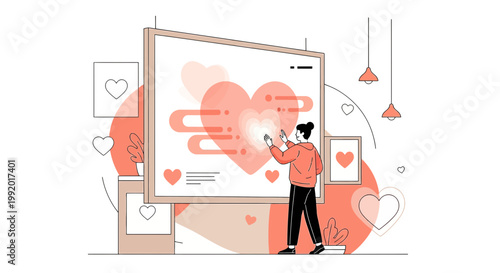 Woman Interacting with Digital Heart Display, Modern Abstract Love Concept