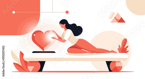Woman Interacting with Digital Heart Hologram, Modern Abstract Design
