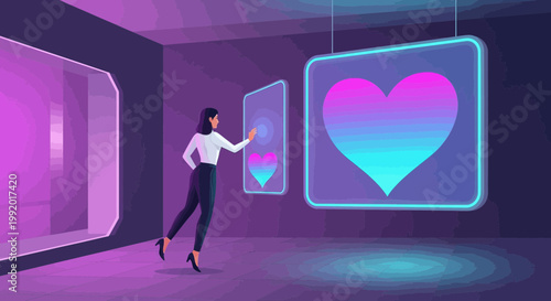 Woman Interacting with Digital Heart Interface in Futuristic Neon Room