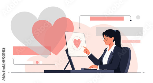 Woman Interacting with Digital Heart Interface on Computer, Love Technology Concept
