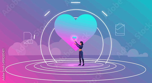 Woman Interacting with Digital Heart, Futuristic UI, Love, Connection, Technology, Abstract Background