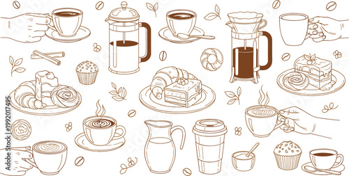 Kawaii Coffee and Pastry Illustration Set Featuring Coffee Cups, French Press, Croissants, and Cakes