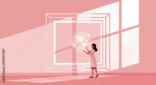 Woman Interacting with Digital Hearts in a Modern Geometric Frame