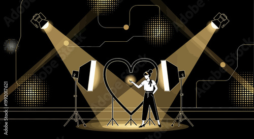 Woman Interacting with Glowing Heart Shape in Studio Lighting Setup