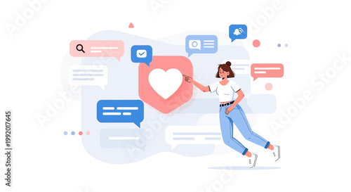 Woman Interacting with Social Media Icons and Feedback Elements