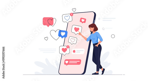 Woman Interacting with Social Media Likes on Giant Smartphone Screen