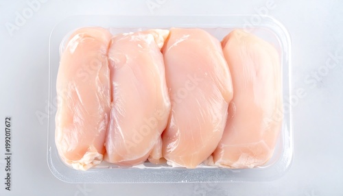 Four Raw Chicken Breast Fillets Packaged in a Clear Plastic Tray on a White Surface poultry