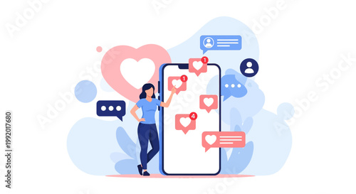 Woman Interacting with Social Media Likes on Smartphone Screen, Digital Marketing Concept