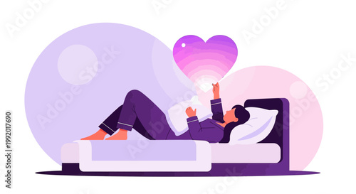 Woman in Bed Reaching for Glowing Heart, Love and Dreams Concept
