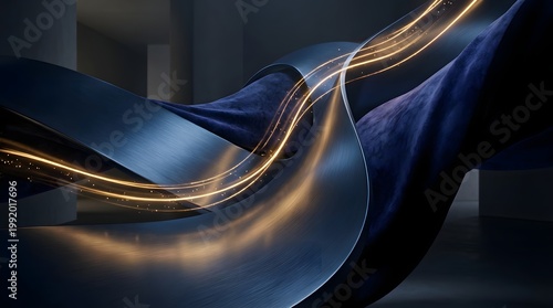 Dynamic abstract composition of flowing dark blue and velvet textures illuminated by bright golden light streaks