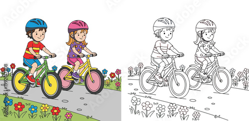 Happy Boy and Girl Riding Bicycles with Safety Helmets Cartoon Illustration and Coloring Page Set for Kids Educational Activity