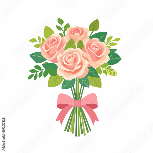 Bouquet of Pink Roses with Green Leaves and Pink Bow