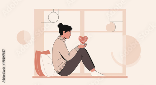 Woman holding abstract geometric heart shape, mental health, self care, love concept