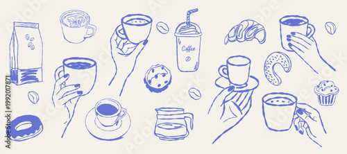 A collection of illustrations featuring food and drink. Hands holding cups of coffee. A croissant and scones for tea. Elements drawn by hand using chalk, pencil, ink or pen