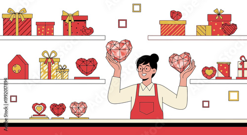 Woman holding crystal heart gifts in a shop, Valentine's Day, love, romance, presents