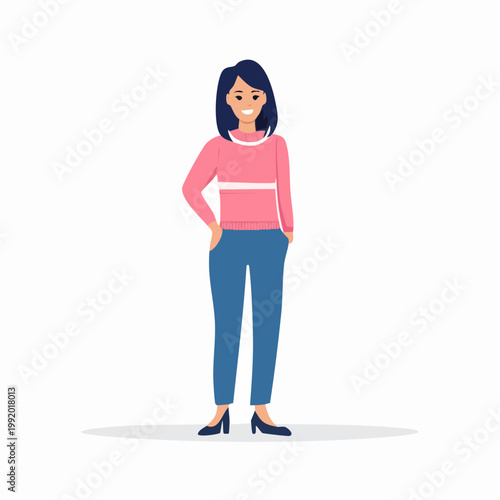 Smiling woman in pink sweater and blue pants