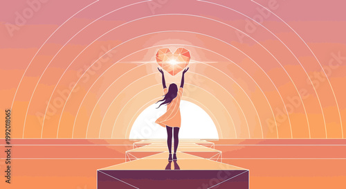 Woman Holding Glowing Heart Above Head, Sunset Path, Abstract Geometric Background