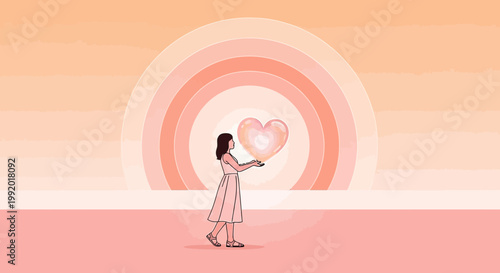 Woman Holding Glowing Heart in Sunrise Aura Background