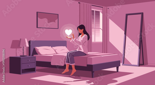 Woman holding glowing heart in serene bedroom, self-love and mental wellness concept
