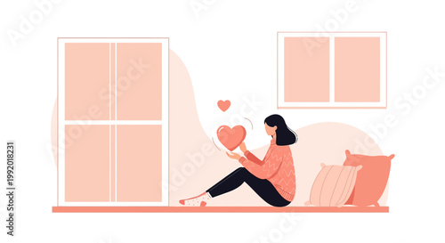 Woman Holding Glowing Heart, Love, Self-care, Inner Peace, Cozy Home Interior