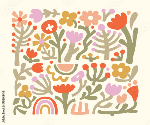 Simple naive bright colorful flowers set. Collection of summer or spring flora. Stickers plants and flowers. Set of beautiful bloom in cartoon doodle modern style. Childish illustration print.