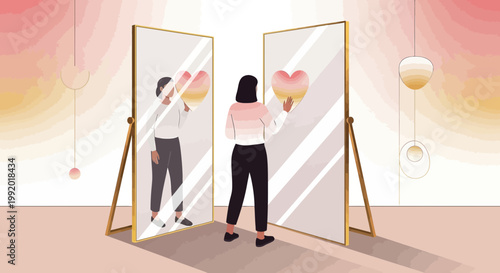 Woman holding heart in front of mirror, self-love concept, reflection, abstract background