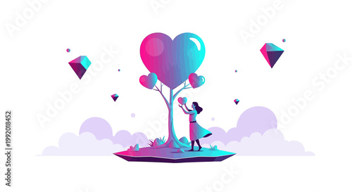 Woman holding heart on island with heart tree and geometric crystals, abstract love concept
