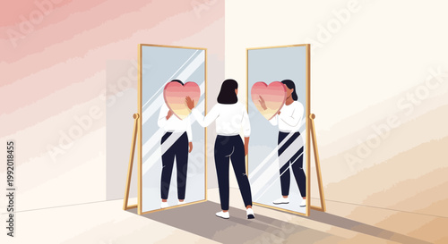 Woman holding heart in front of mirror, self-love, reflection, mental health, personal growth, acceptance