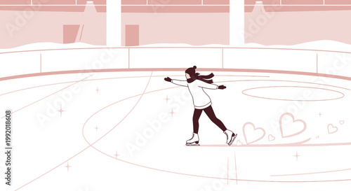 Woman Ice Skating with Hearts, Winter Fun, Figure Skating, Romantic Mood