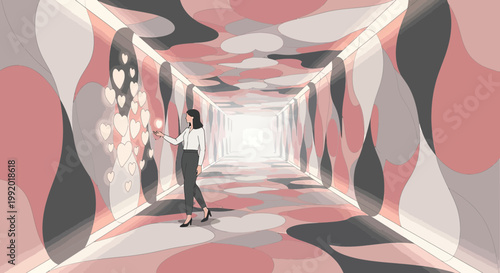 Woman in Abstract Tunnel Interacting with Glowing Hearts, Digital Art