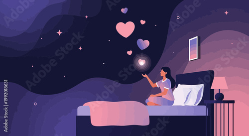 Woman in Bed Dreaming of Hearts and Stars, Cosmic Love Concept