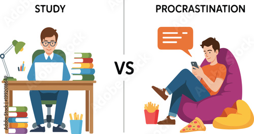 Student struggling with procrastination versus dedicated study habits concept illustration distraction challenge focus productivity education flat vector design
