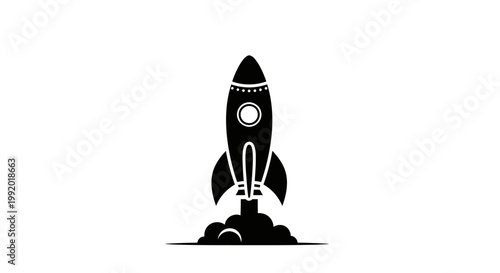 Black and white rocket ship launching.