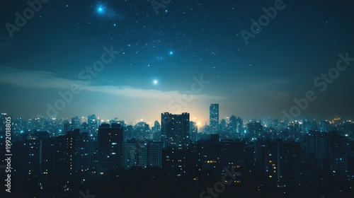 A city skyline at night with a few bright stars visible between the buildings