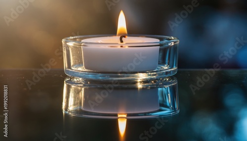 Lit Tea Light Candle in Glass Holder with Reflection