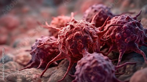 Microscopic view of cancer cells in the human body, suitable for medical presentation, healthcare research, biology education, and clinic video.