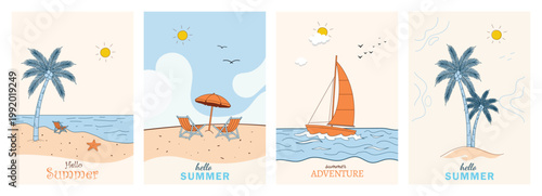Summer beach illustration set palm tree sailboat vacation posters vector collection
