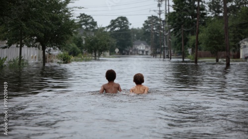 Two Children Swimming in Flooded Streets Amidst Urban Landscape