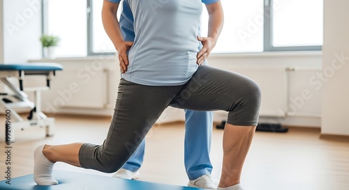 A physical therapist assisting a patient with a lunge exercise in a modern rehabilitation center