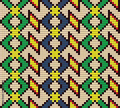Ethnic pixel art embroidery pattern. Seamless geometric tribal design for textile and digital backgrounds.

