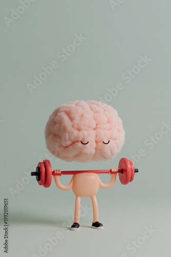 Pink floating brain character lifting weight in studio