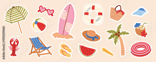Cute summer beach stickers set vector. Tropical vacation collection with surfboard, palm tree, watermelon, umbrella, seashell, cocktail and travel elements in hand drawn style. Isolated on background.