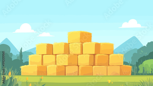 A cartoon scene with a stack of hay bales, mountains, green field, and clouds