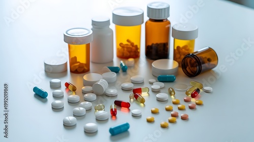 various prescription and over-the-counter medication pills and bottles on white background