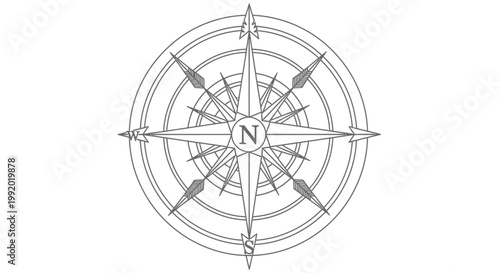 Nautical vector illustration of a compass rose icon with navigation arrows for north and south isolated on a white background for travel and geography adventure design