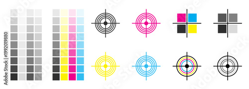 CMYK Color Registration Marks and Calibration Swatches with Grayscale Chart for Professional Printing Quality Control