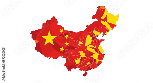 Stylized map of China with national flag pattern and highlighted regions on a white background.