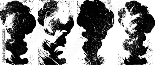 heavy black smoke plumes rising on white background dense clouds of pollution or fire emissions