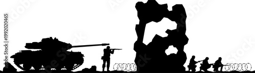 Une silhouette d'un champ de bataille de la Seconde Guerre mondiale. Soldats à l'assaut, char de combat et ruines